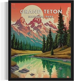 Grand Teton National Park Poster Art Print Retro Mountain Lake Wall Art Vintage Decor Nature Landscape Picture For Bedroom Bathroom Office Home 48 (Grand Teton, 8 x 10 inches, Unframed)