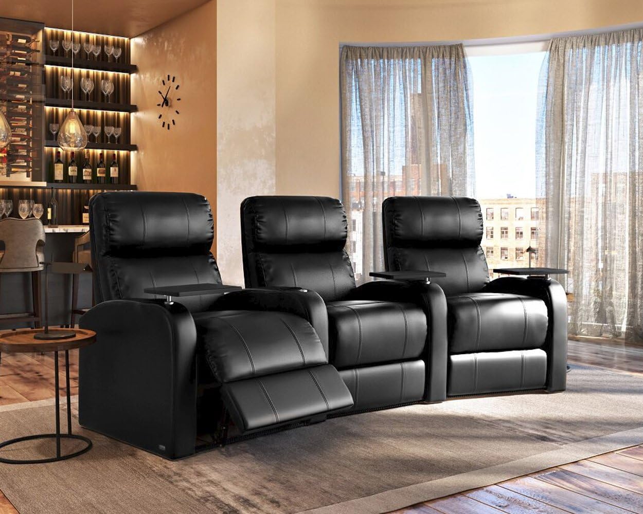 Diesel XS950 Theatre Chairs for Home - Octane Seating - Black Top-Grain Leather - Space Saving Design - Motorized Recline - Curved Row of 3 Chairs : Home & Kitchen