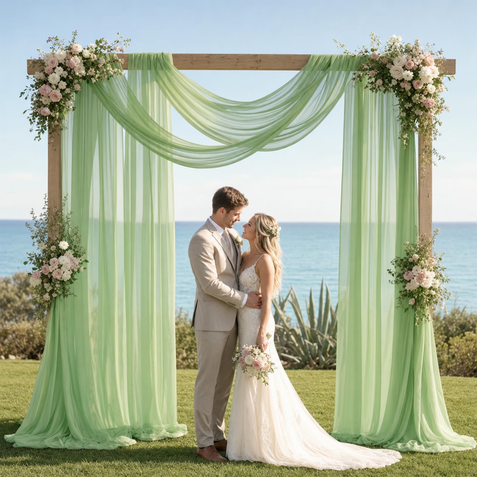2 Panels Sage Green Wedding Arch Draping Fabric, 30" x 19.69Ft Sheer Chiffon Backdrop Curtain for Wedding Arbor Ceremony Archway Ceiling Party Decor