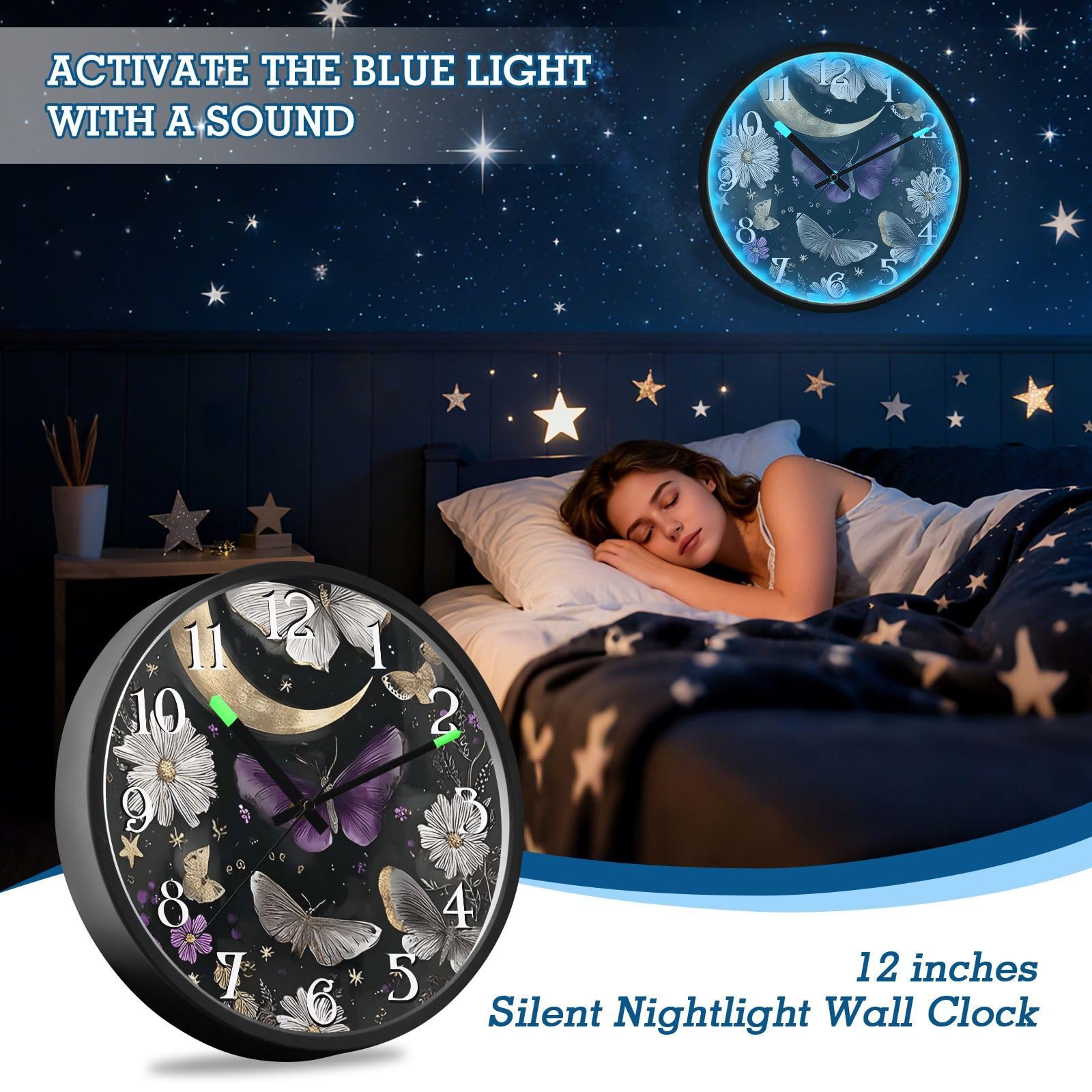 Mnsruu Reloj de pared luminoso con diseño de mariposa y luna, color morado, funciona con pilas, silencioso, brilla en la oscuridad, para sala de estar, cocina, 12 pulgadas