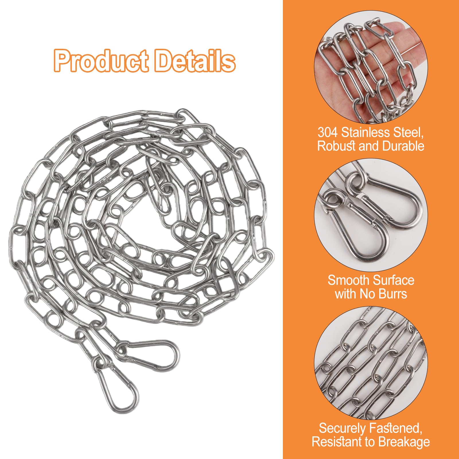 Chaîne en Acier Inoxydable,3mm × 2m Chaine Acier avec 2 Pièces Mousqueton,Chaînes pour Suspendre,Chargement 80kg,Inoxydable Chaine pour Chien,Clôture,Chaînes de Séchage,Balançoires,Antivol