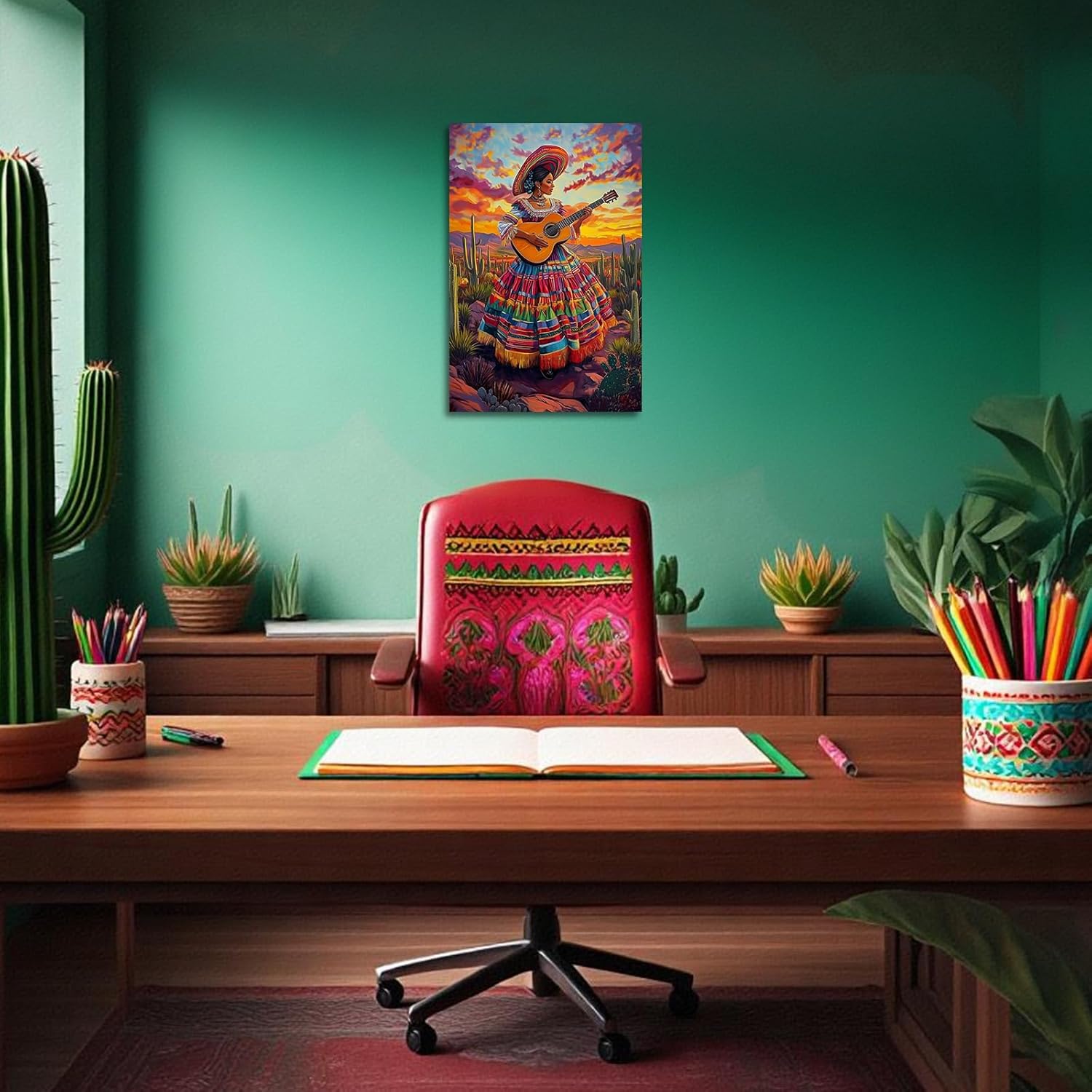 YMXDYMJSW Mexican Woman Wall Art Desert Women Playing Guitar Canvas Pictures Boho Desert Sunset Paintings Southwestern Landscape Artwork for Home Decor Frame (Red,18L x 12W)