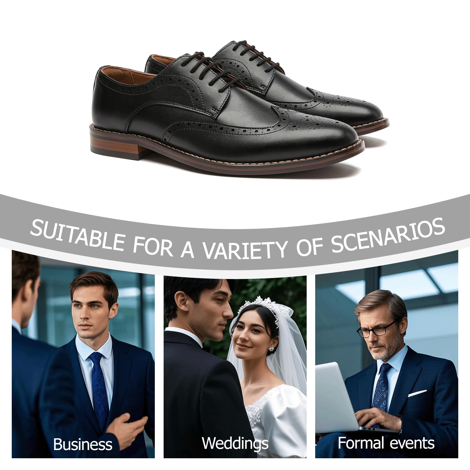 Poerkan Men's Oxford & Derby Formal Dress Shoes: Lace - up Leather Classics in Black and Brown with Patent Brogue Details