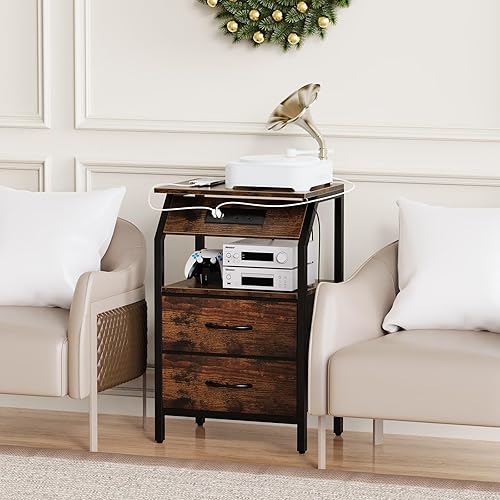 Miniatura 2 de Mesa auxiliar con luces LED, mesita de noche con 2 cajones y estación de carga tipo C, cómoda de tela pequeña para mesita de noche, mesa auxiliar de