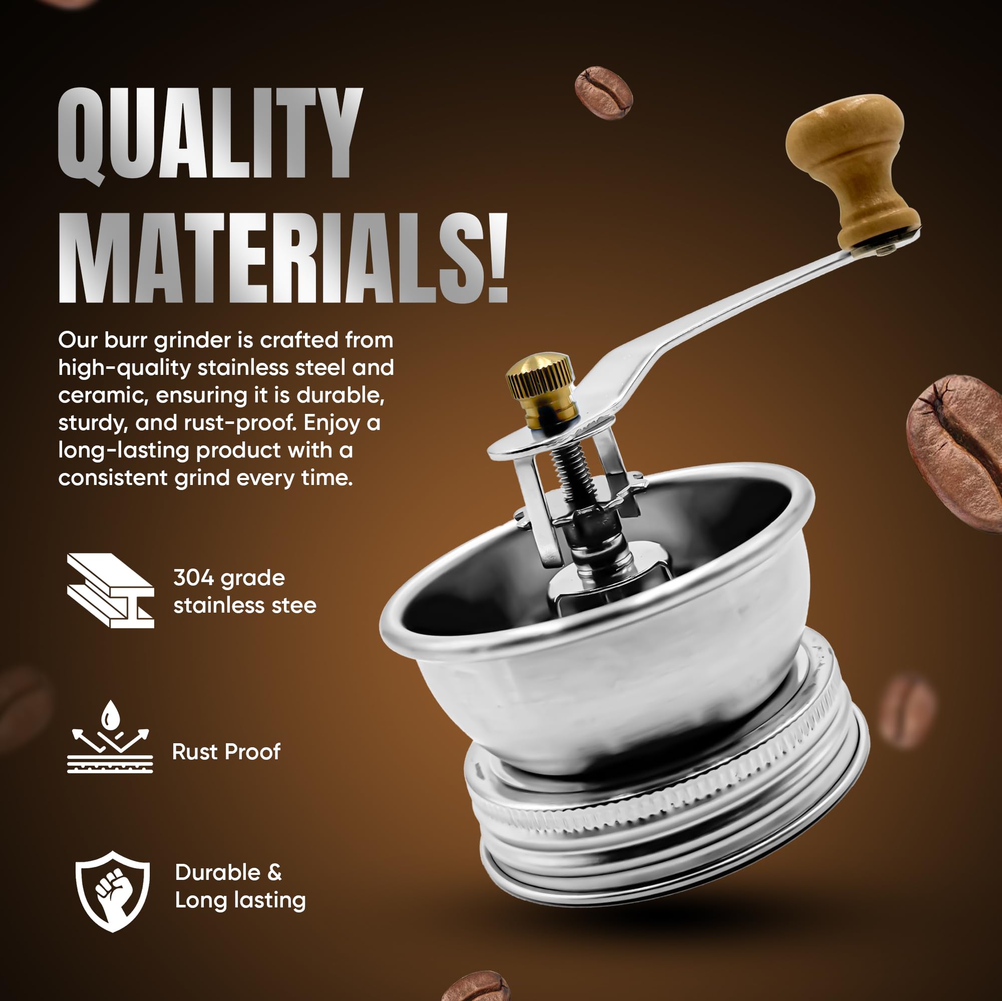 Stainless Steel Coffee Grinder Lid Attachment for Regular Mouth Mason Jars - Manual Crank Burr Grinder for Fresh Coffee, Ideal for Camping, Home Barista, Rust Proof Ceramic Mechanism - 2