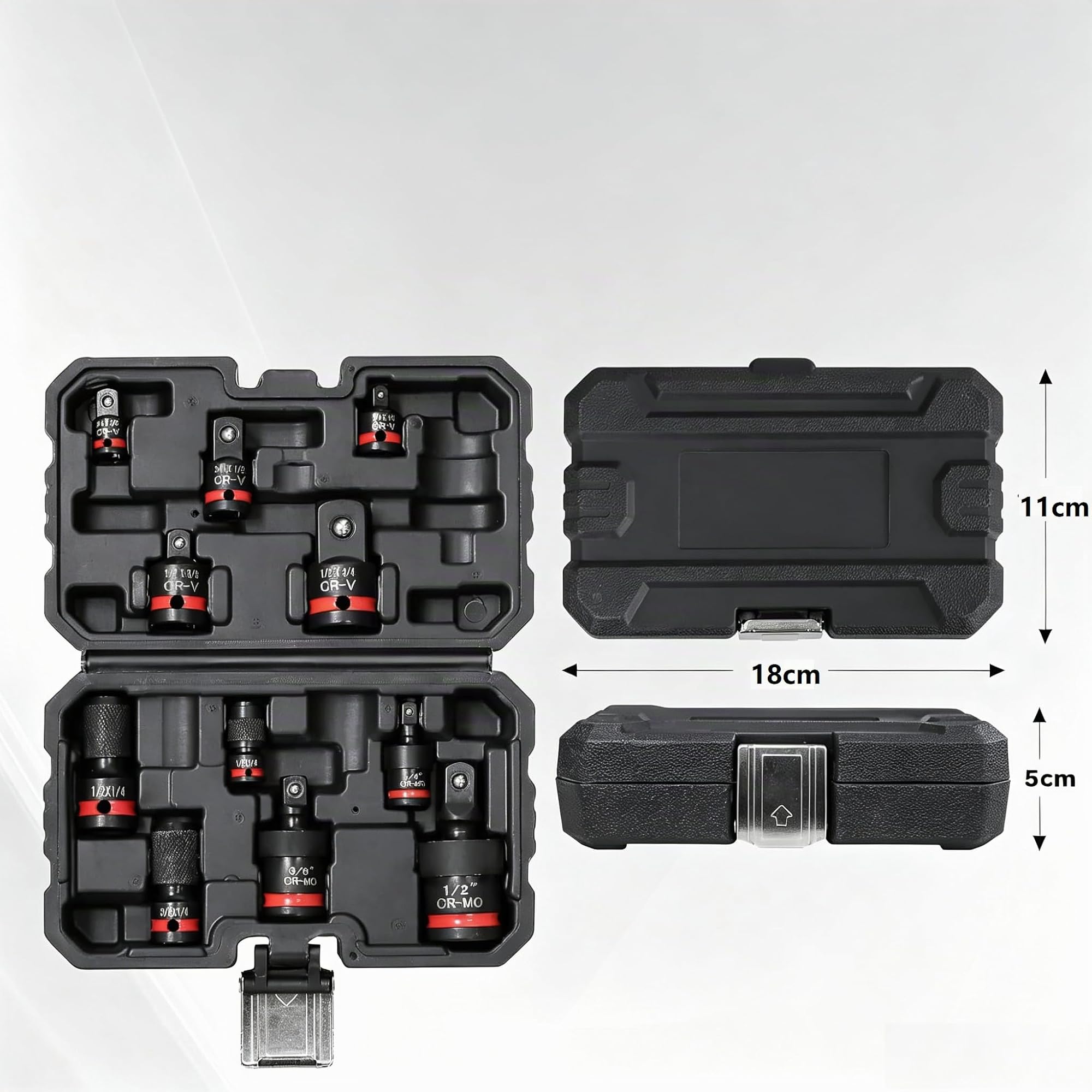Juego de 11 Adaptadores y Reductores de Vasos de Impacto, Extensiones y Junta Universal de CR-V/CR-MO, Conversión 1/4" 3/8" 1/2" para Llave de Impacto, Carraca, Adaptador, con Estuche