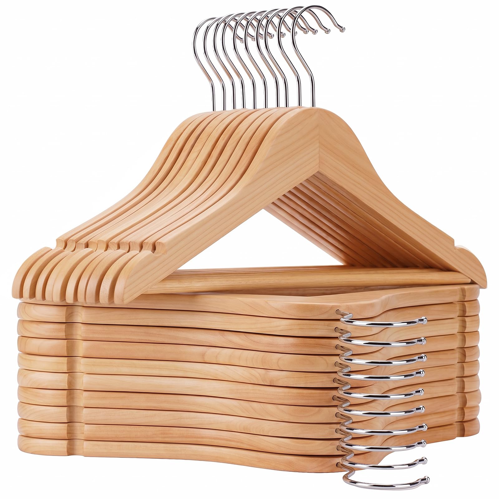 Perchas de madera para niños, paquete de 20 perchas de madera maciza para bebés, perchas para niños de 12.6 pulgadas con barra para pantalones, muescas de hombro, ganchos giratorios, para ropa