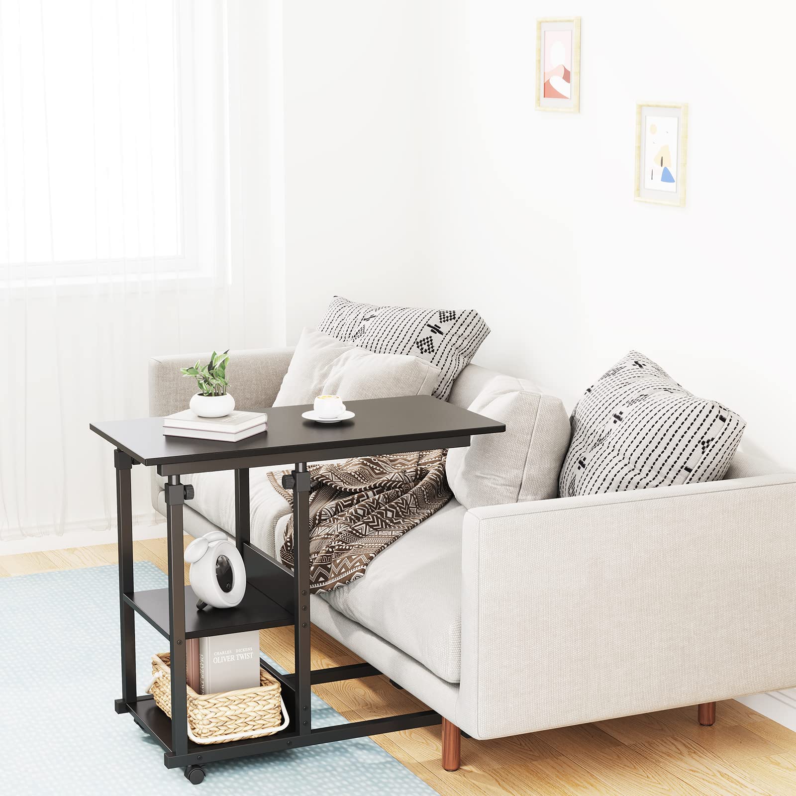 Dripex Beistelltisch mit Rollen Laptoptisch Höhenverstellbar Schreibtisch aus Holz, Sofatisch Nachttisch Kaffeetisch Schlafzimmer, Wohnzimmer Schwarz