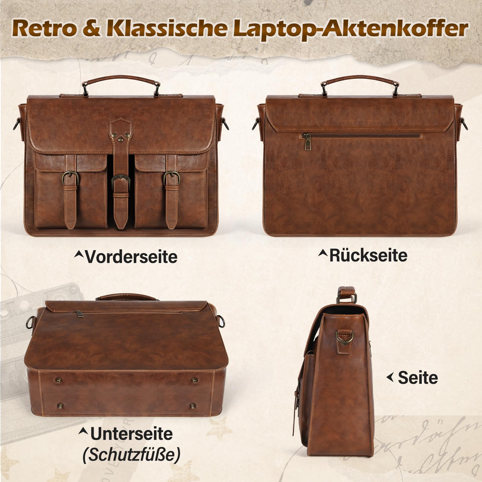 RAINSMORE Bolso Bandolera Hombre Cuero Bolsa de Mensajero Maletin Vintage 15.6 Pulgadas Marrón