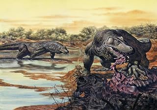 Posterazzi Megalania (giant monitor lizard) eating his prey Pleistocene Epoch Australia Poster Print, (17 x 11)