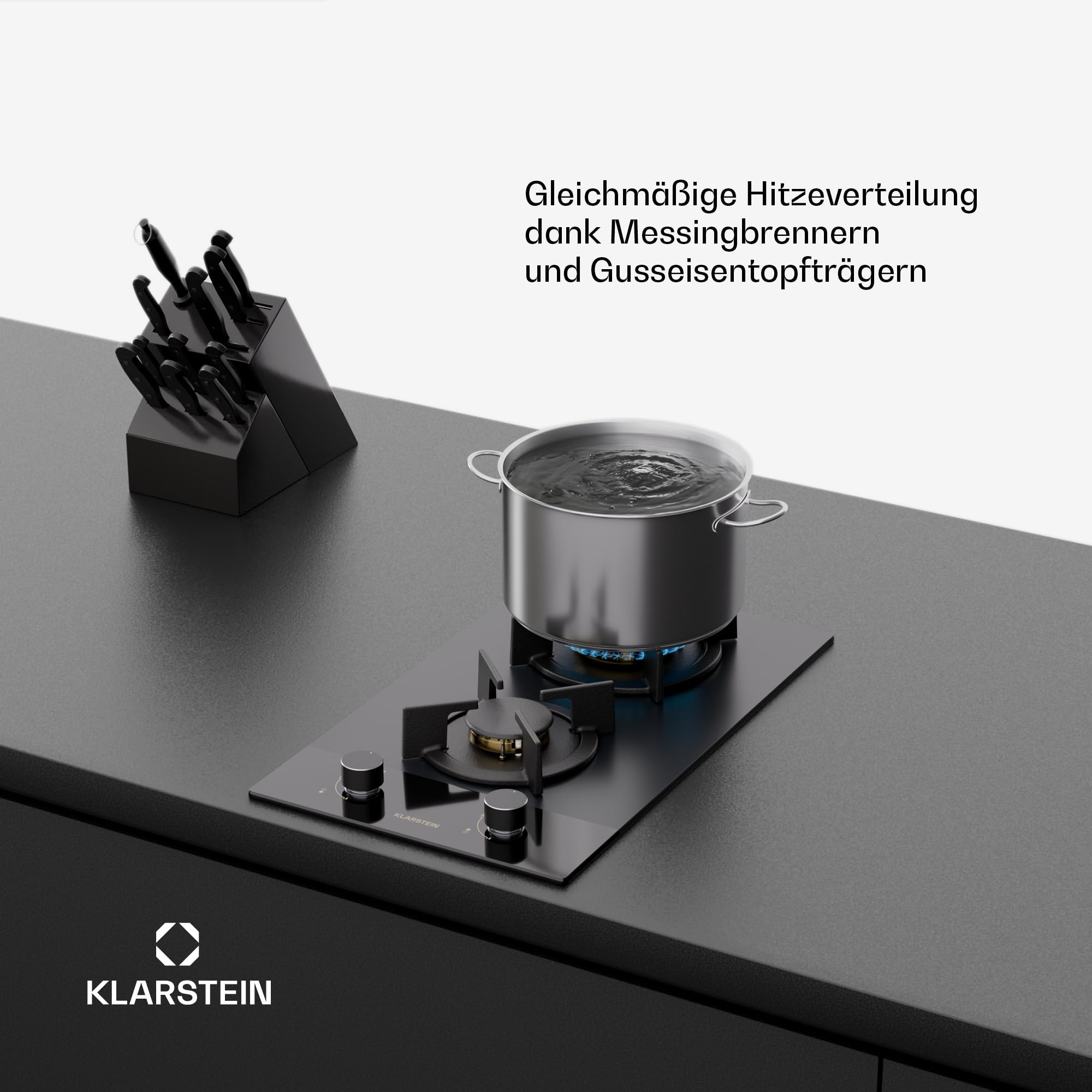 Klarstein Goldflame Nano Gaskochfeld, 2 Brenner, 30 cm, Messingbrenner und Gusseisenhalter, 4.200 W, Nanobeschichtetes Glas, Flammenschutz und Automatische Zündung, LPG/Erdgas-Umrüstsatz Inkl.
