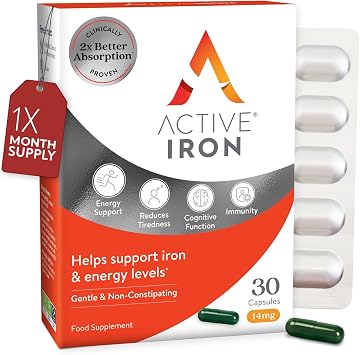 Active Iron Supplement 14mg, Clinically Proven, Gentle, 30 Capsules | Clinically Proven Iron & Energy Levels Increase, Maximum Absorption, Non-Constipating, Avoids Nausea & Side Effects