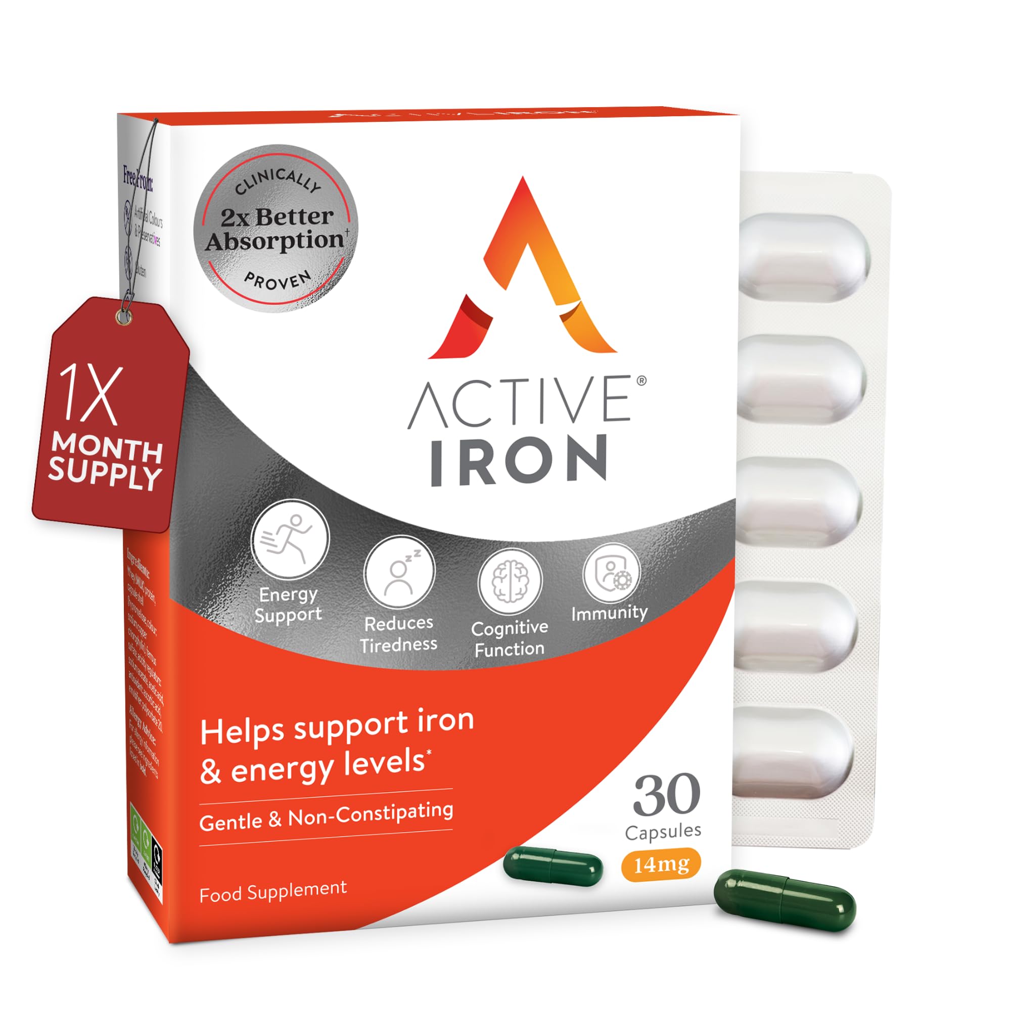 Active Iron Supplement 14mg, Clinically Proven, Gentle, 30 Capsules