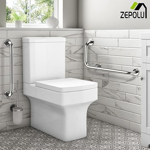 Miniatura 6 de Barra de sujeción en forma de L de cromo pulido de 12x24 pulgadas + pasamanos de ducha estriado de 20 pulgadas, barra de seguridad para inodoro de