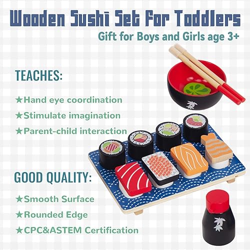 Miniatura 5 de Juego de comida para cortar sushi, juego de cocina de madera para niños de 3 años, juguete de aprendizaje para niñas y niños