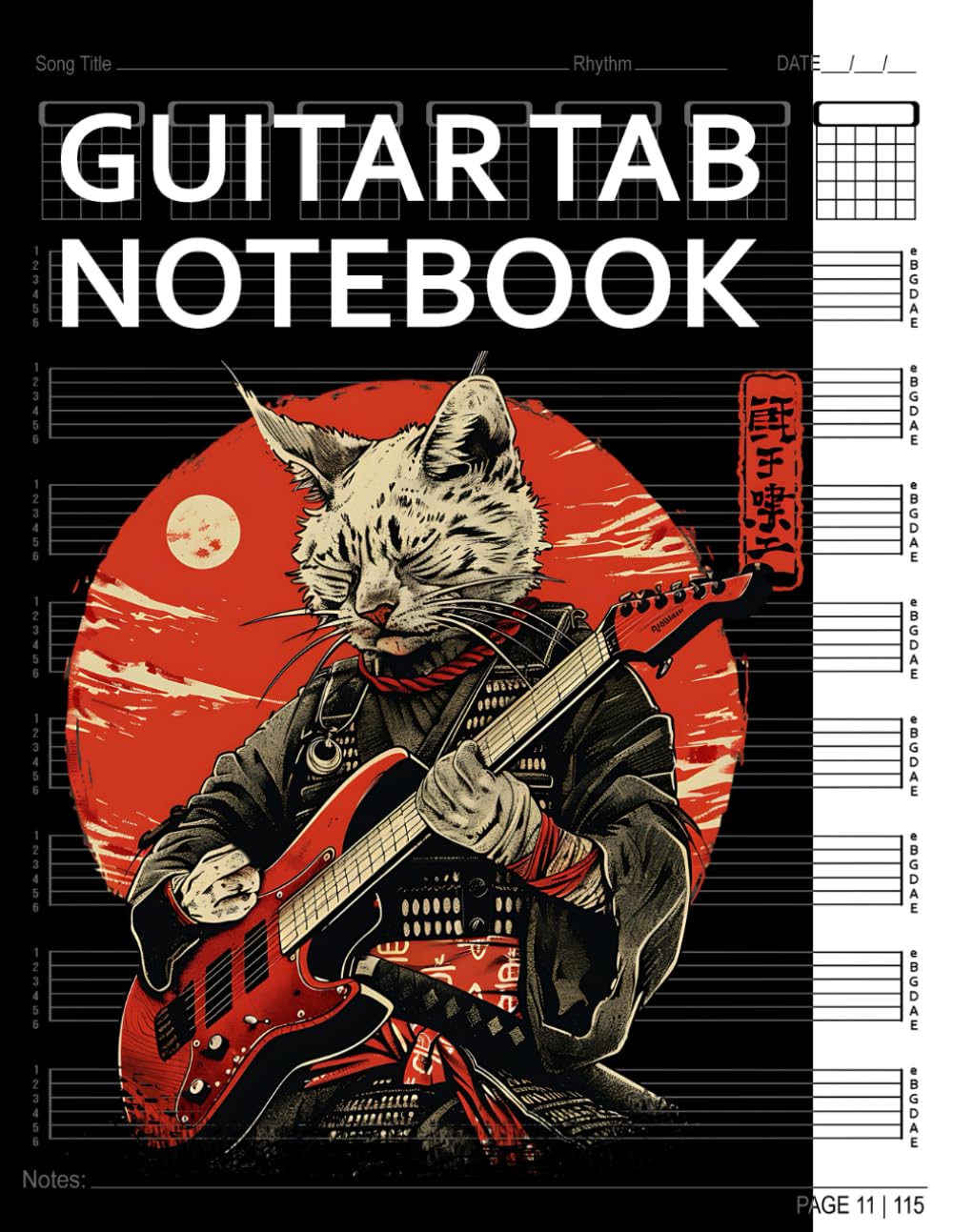 Guitar Tab Notebook: Samurai Japanese Cat Playing Guitar Blank 6 String Tablature with Chord Fingering Charts for Guitarists. 100+ Pages Manuscript Tab Music Sheets Journal (Japanese Cat Guitar Books)