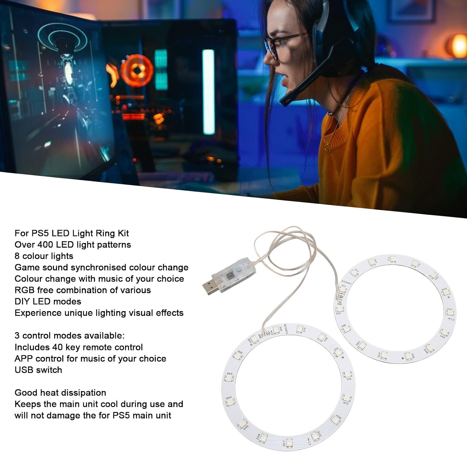 Septpenta LED Light for PS5 Console, RGB Light Strip Kit, Music Sync Color Changing, 8 Colors 400 Lighting Effects, 40 Key Remote Control 3 Control Modes, Compatible Digital Disc Version