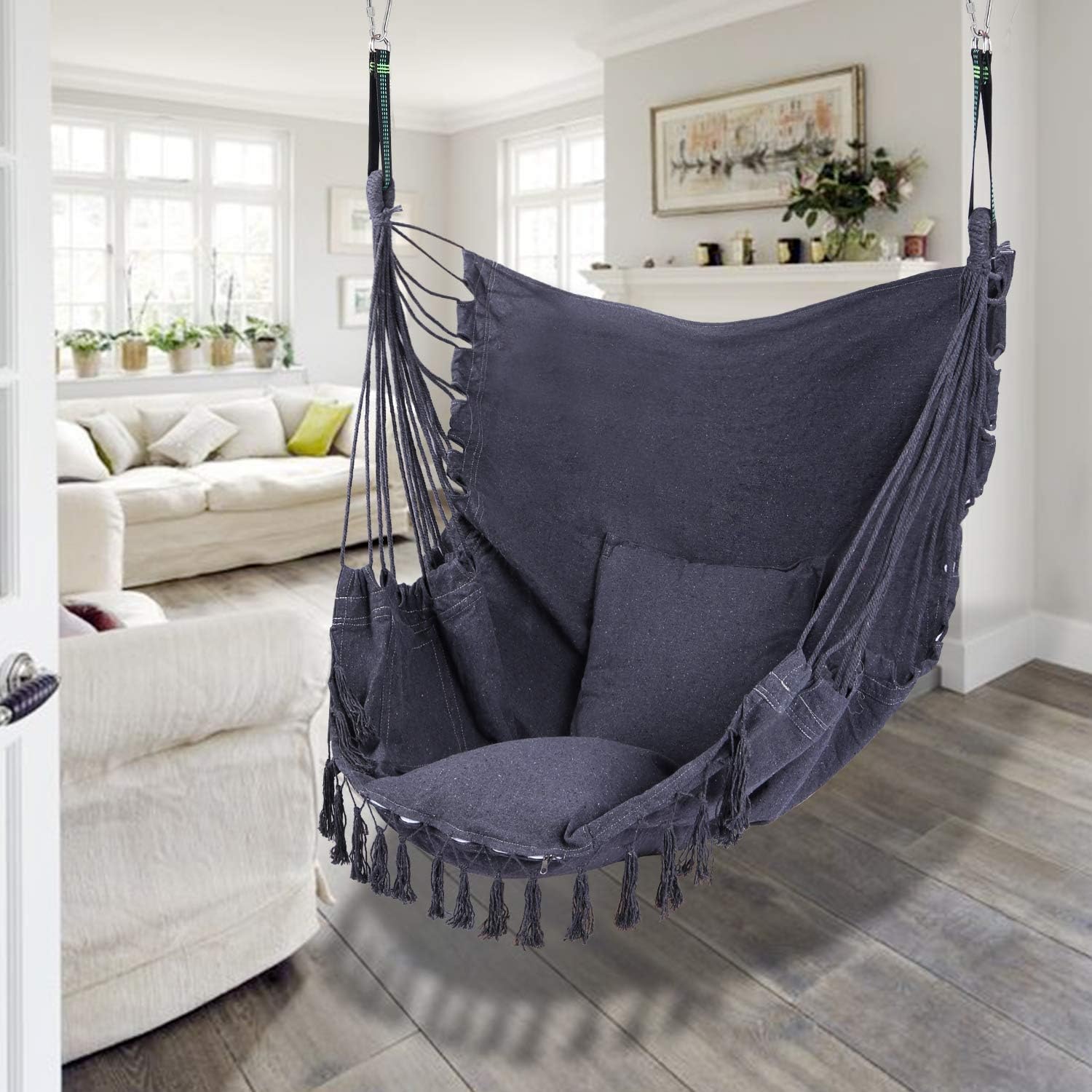 RedSwing Hanging Hammock Chair, Hanging Rope Swing with 2 Cushions and Hardware Kits, Quality Cotton Weave for Superior Comfort and Durability, Max Load 330Lbs Grey