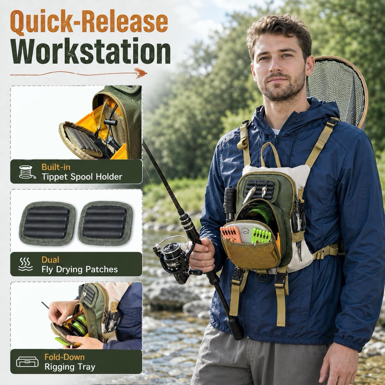 Fly Fishing Chest Pack-Lightweight Water-Resistant Wading Vest with Quick-Release Workstation, Dual Fly Drying Patches & Silent Net Carry. Holds 2 Large Fly Boxes. Adjustable Fit
