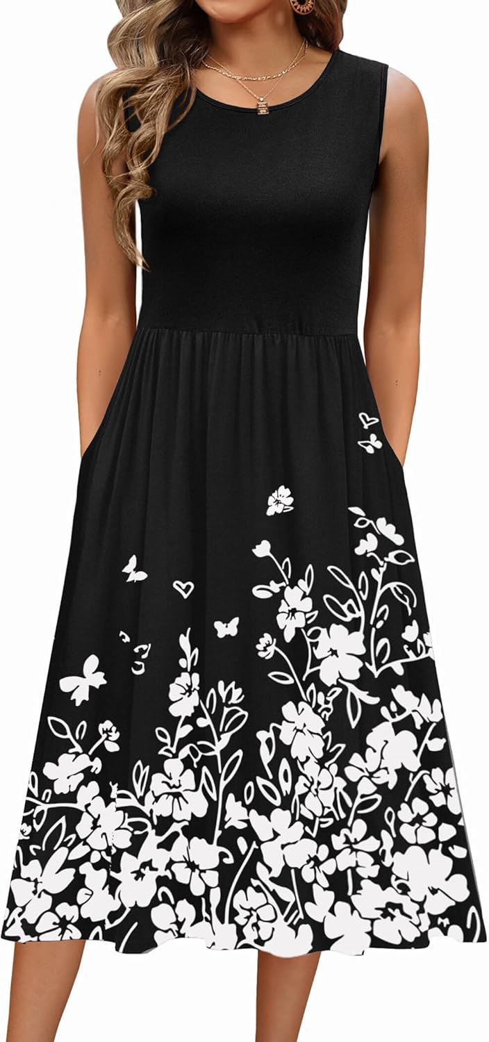 Zeagoo Women’s Summer Tank Midi Dress with Pockets Floral Sleeveless A-Line Casual Loose T-Shirt Dresses Beach Sundress 2025