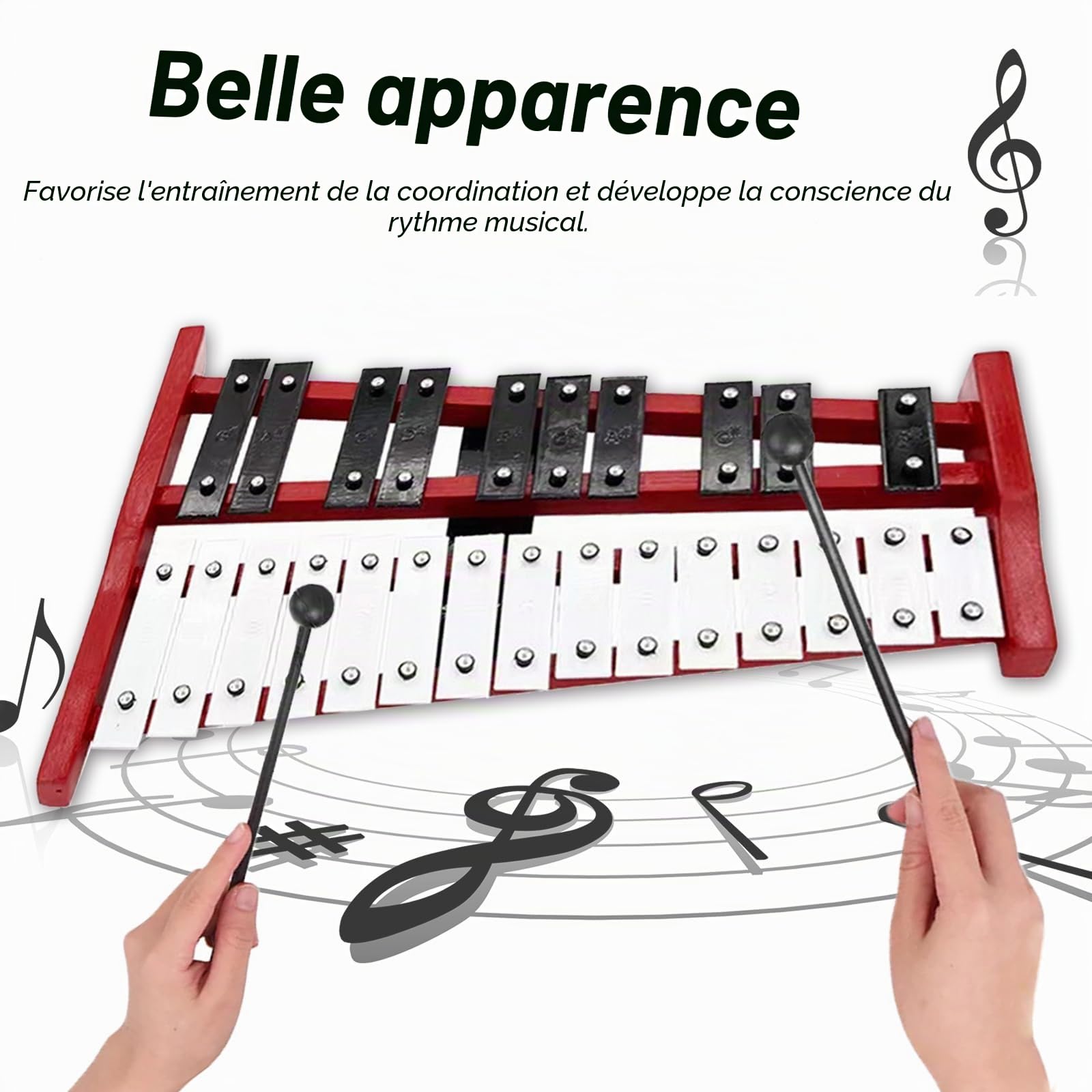 25 notes de carillon xylophone, carillon avec touches en métal et base en bois, percussion à main avec 2 baguettes, portable, sac de transport, instrument de musique pour jeunes et adultes