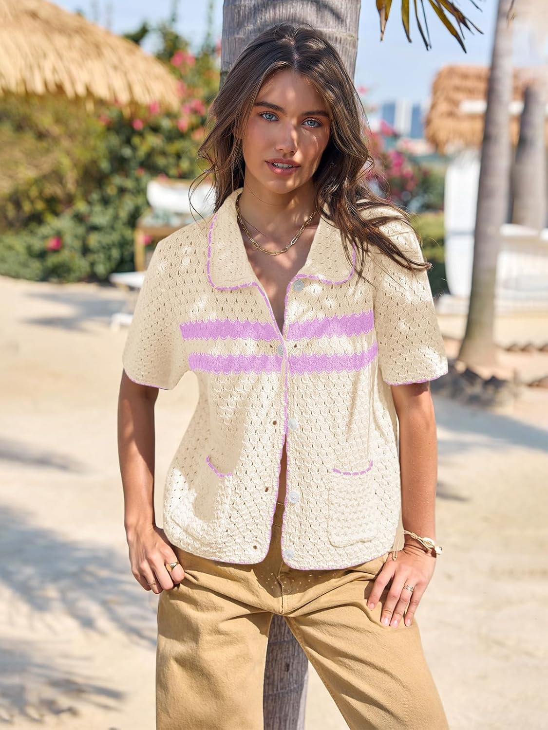 Yousify Womens Striped Short Sleeve Sweater Casual Knitted Button Down Crochet Cardigan Vintage Y2k Hollow-Out Tops - Image 3