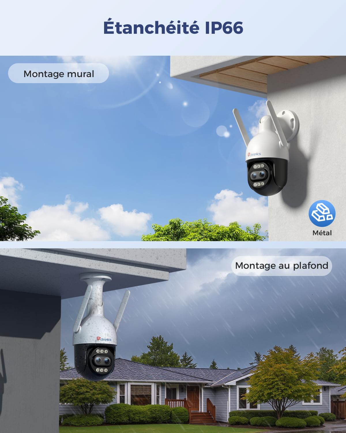 Ctronics 10X Zoom Hybride 4K Caméra Surveillance Extérieure, Double Objectif, Métal IP Camera 2.4/5GHz WiFi, Suivi Auto/Détection Hum/Véh/ANI, 256GB TF/Cloud, Vision Nocturne Color, IP66 (Blanc) | Métal IP Camera 2.4/5GHz WiFi, Suivi Auto/Détection Hum/ V
