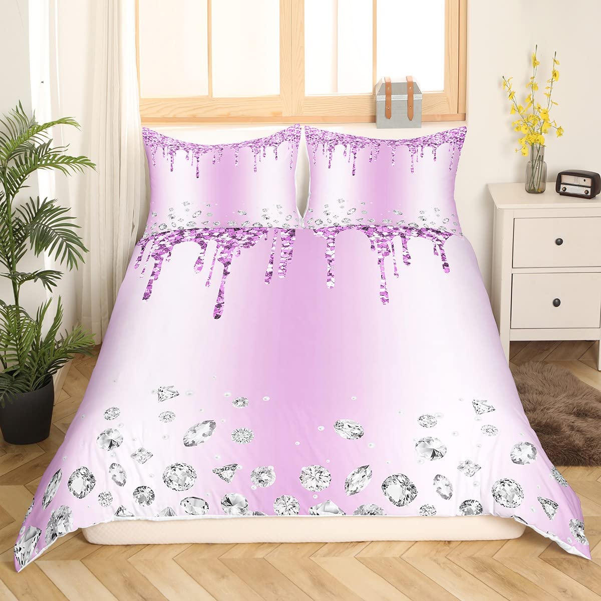 Pink Purple Glitter Duvet Cover,Children Silver Geometric Diamond Bedding Set,Bling Party Comforter Cover for Girls Room Decor,Women Abstract Lightweight Bedspread Cover King Size with 2 Pillow Cases - Image 3