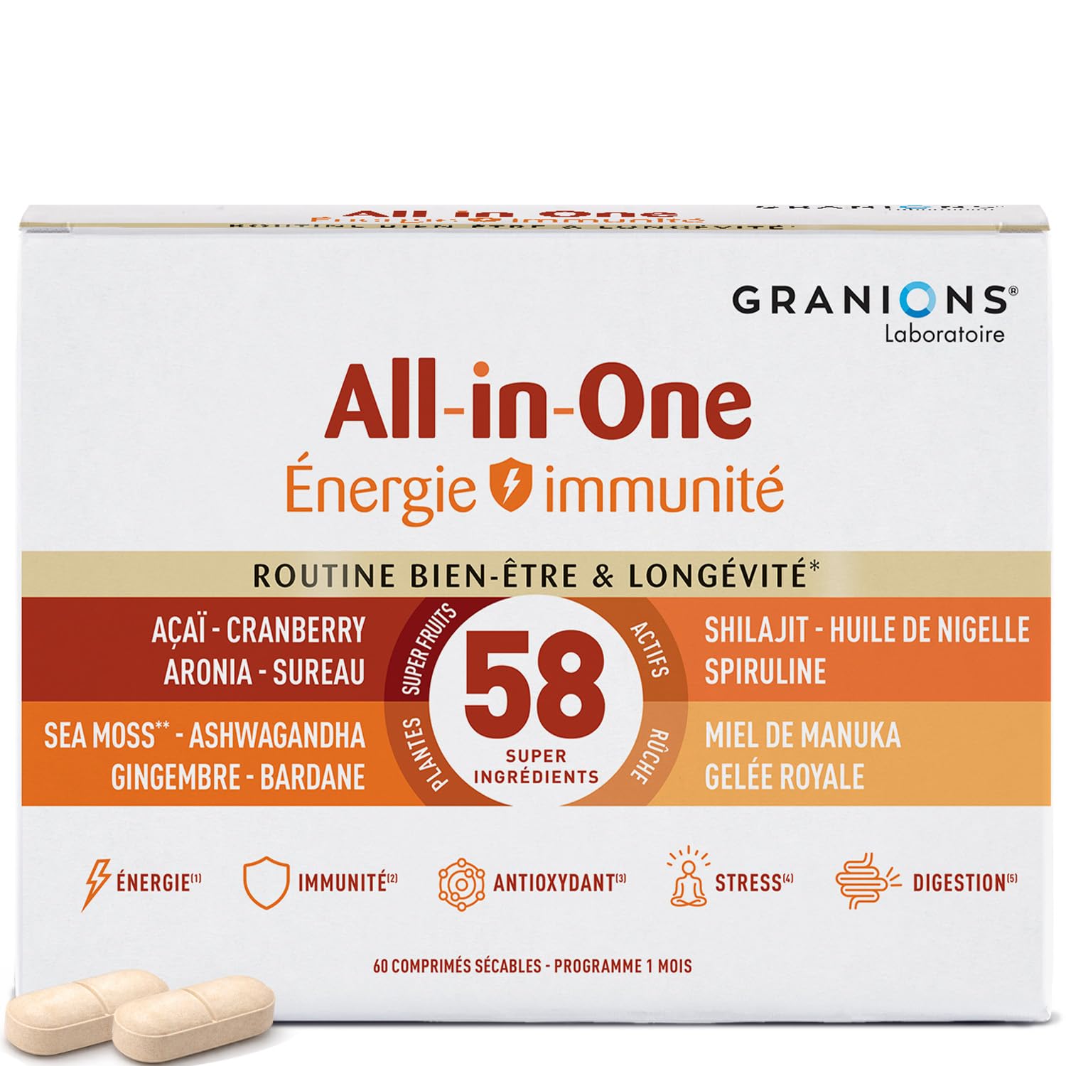 Granions - All-in-One Energie & Immunité - Gelee Royale - 60 comprimés