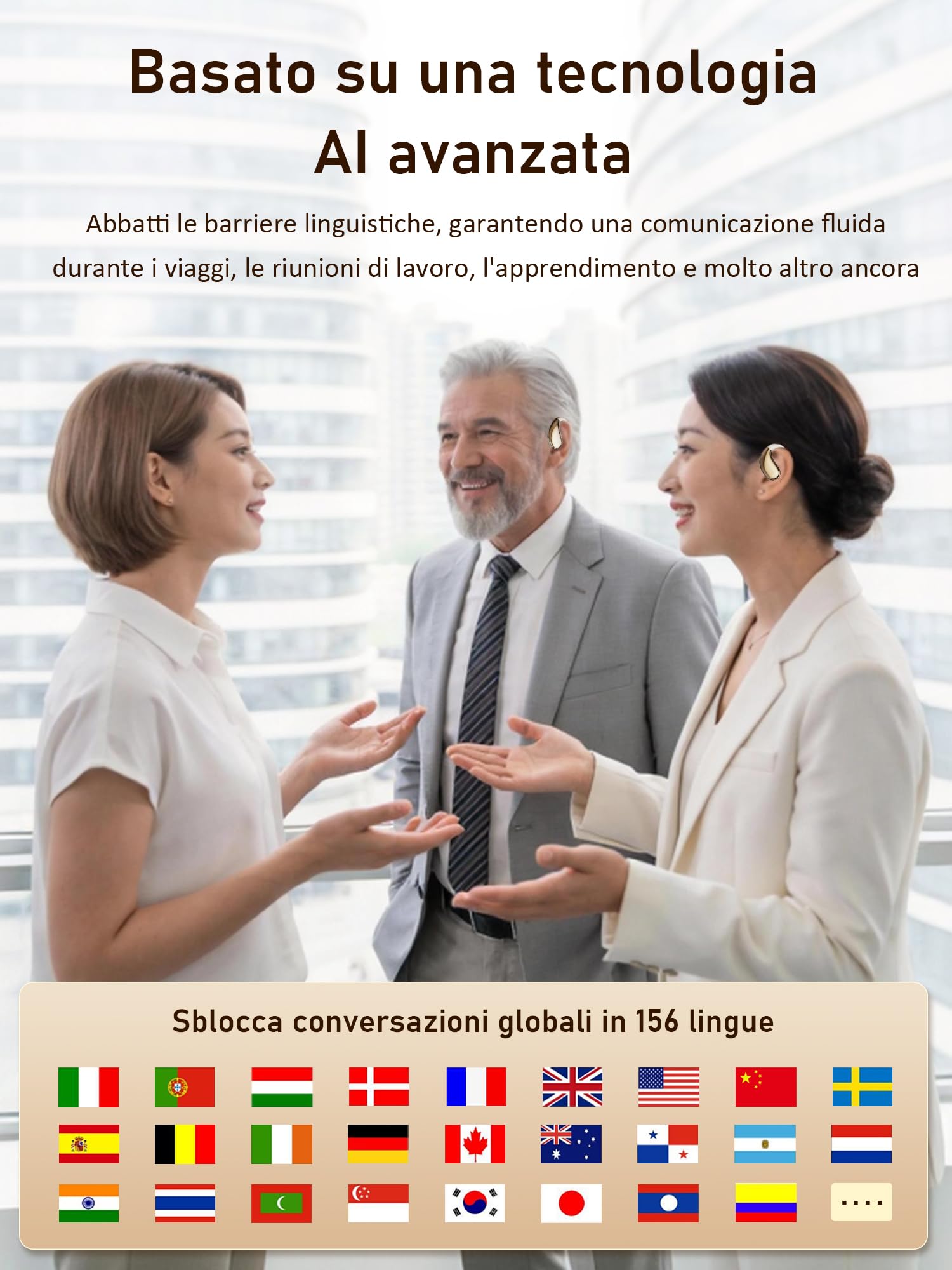 AI Cuffie Traduzione Simultanea Vocale: Open Ear Cuffie Traduttore Auricolari Bluetooth 6.0 Auricolari Traduttori Istantanei in 156 Dipomatiche Lingue 6 Modalità per Telefonata Musica Viaggi Business