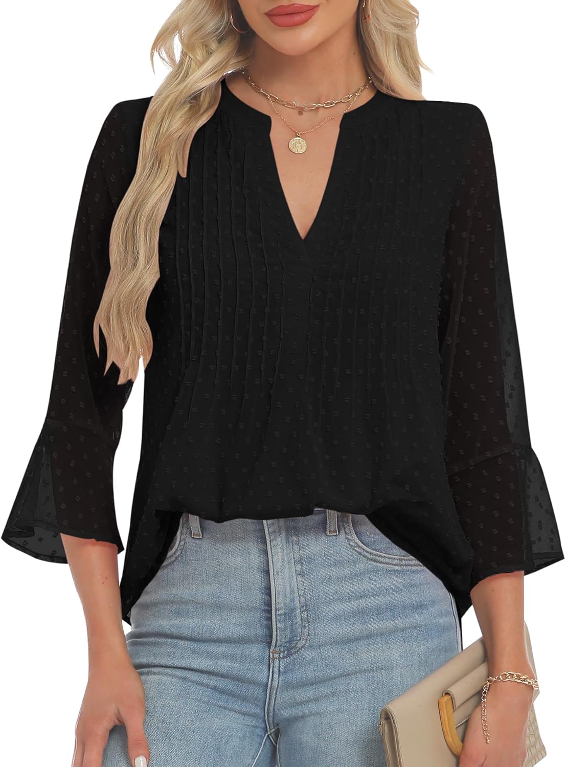 AIMCOO Blouses for Women Dressy Casual 3/4 Sleeve Tops for Women Swiss Dot Double Layered Chiffon Work Tunic Shirts