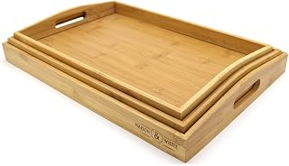 Bamboo Serving Trays - Set of 3 | Wooden Platters | Raised Edges & Lightweight | Perfect for Breakfast in Bed & Tea | Board with Handles | M&W