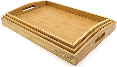 Bamboo Serving Trays - Set of 3 | Wooden Platters | Raised Edges & Lightweight | Perfect for Breakfast in Bed & Tea | Board with Handles | M&W
