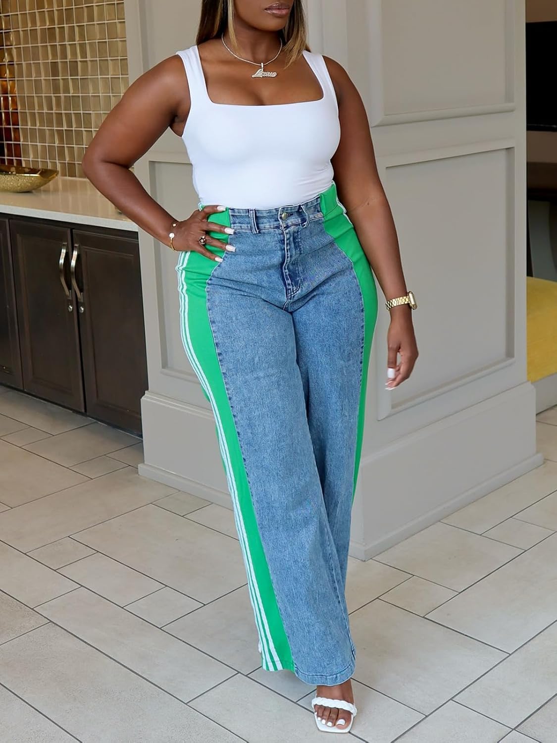 knowfashionstyle Womens Jeans High Waisted Wide Leg Patchwork Stripes Stretchy Jean Color Block Straight Trendy Demin Pants - Image 6