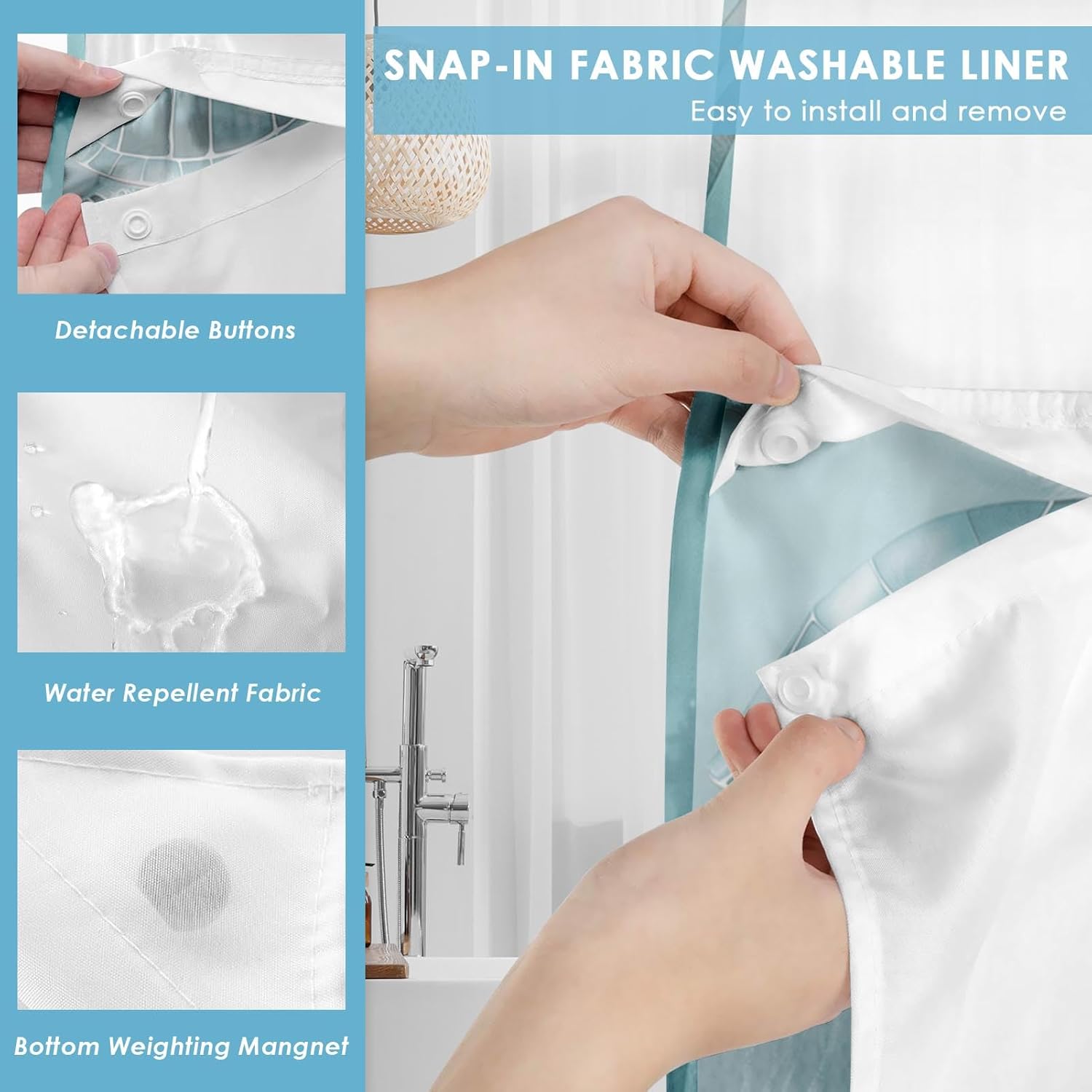 No Hook Nautical Teal Sea Turtles Shower Curtain with Snap in Fabric Liner Set, Ocean Beach Double Layers Waterproof Fabric with See Through Top Window Open Grommet Bath Curtain 71x74 Inch