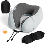 Travel Pillow 100% Pure Memory Foam Neck Pillow, Breathable & Machine Washable Cover, Neck Support Pillow with 3D Contoured Eye Mask, Earplugs & Portable Bag for Airplane Travel (Black)