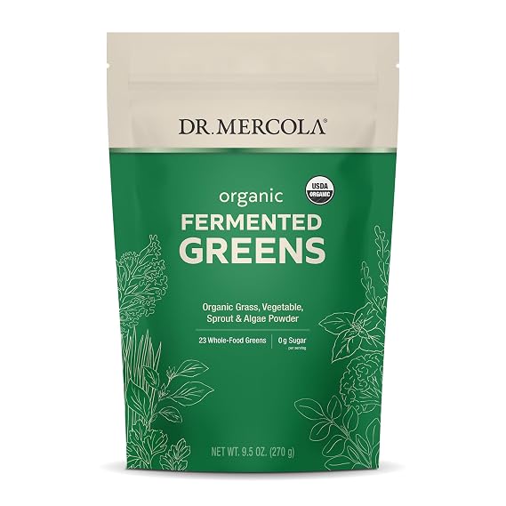 Dr. Mercola Organic Fermented Greens Powder - Supports Digestive & Cellular Health - Certified Organic, Non-GMO & Soy-Free - 9.5 Oz 90 Servings