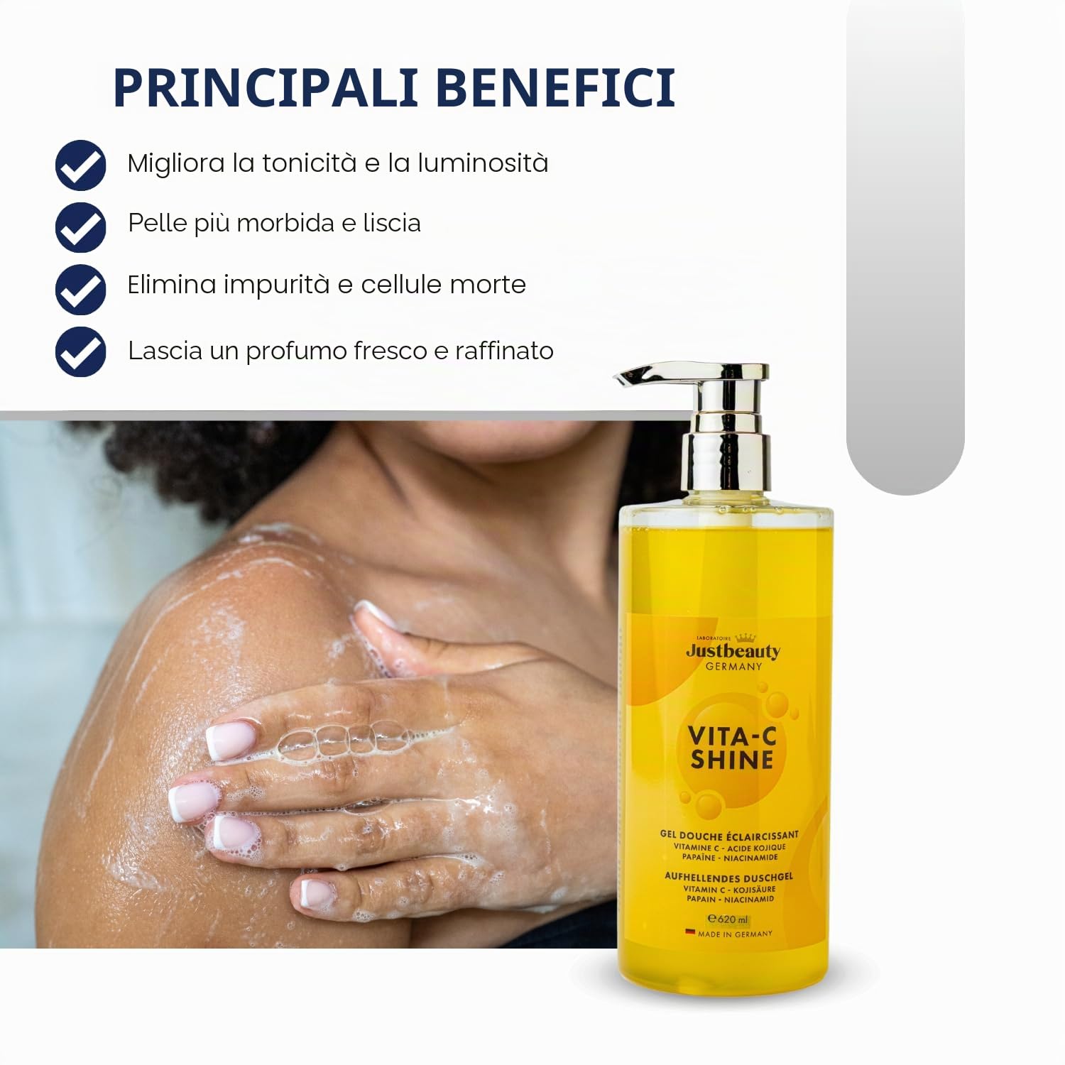 Gel doccia sbiancante Vita C Shine, 620 ml, extra forte con vitamina C, niacinamide, acido kojico e acido ialuronico, idratante e carnagione