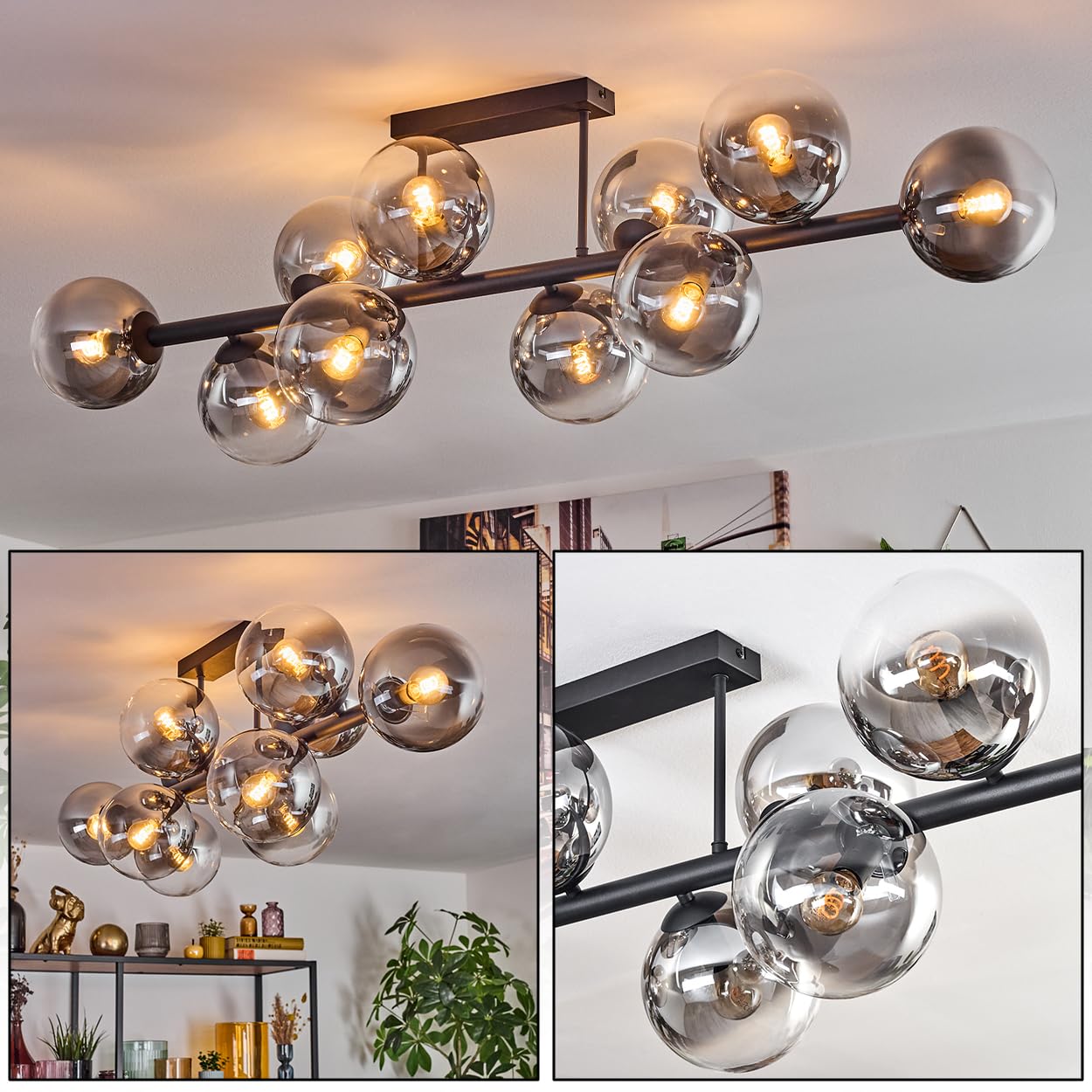 HOFSTEIN Ceiling lamp Chehalis, 10-Burner Ceiling lamp Made of Metal/Glass in Black/Smoke/Clear, luminaire in Retro/Vintage Design (Shades Ø 15 cm), E14, Dining Room, Living Room, Bedroom, Kitchen