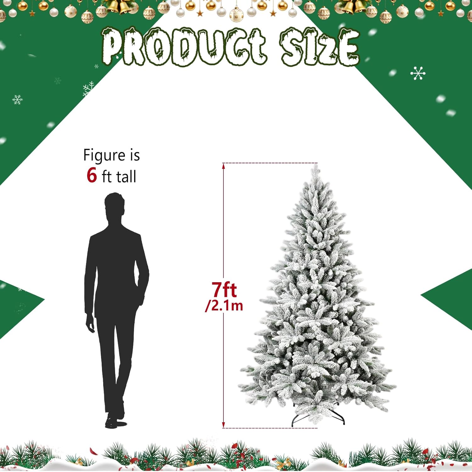 LAMPHOME 7ft Flocked Xmas Tree: PE/PVC Mix, 1514 Lush Branches, 3-Part hinged Structure, Memory Wire, Metal Stand. Green & White Holiday Essential.