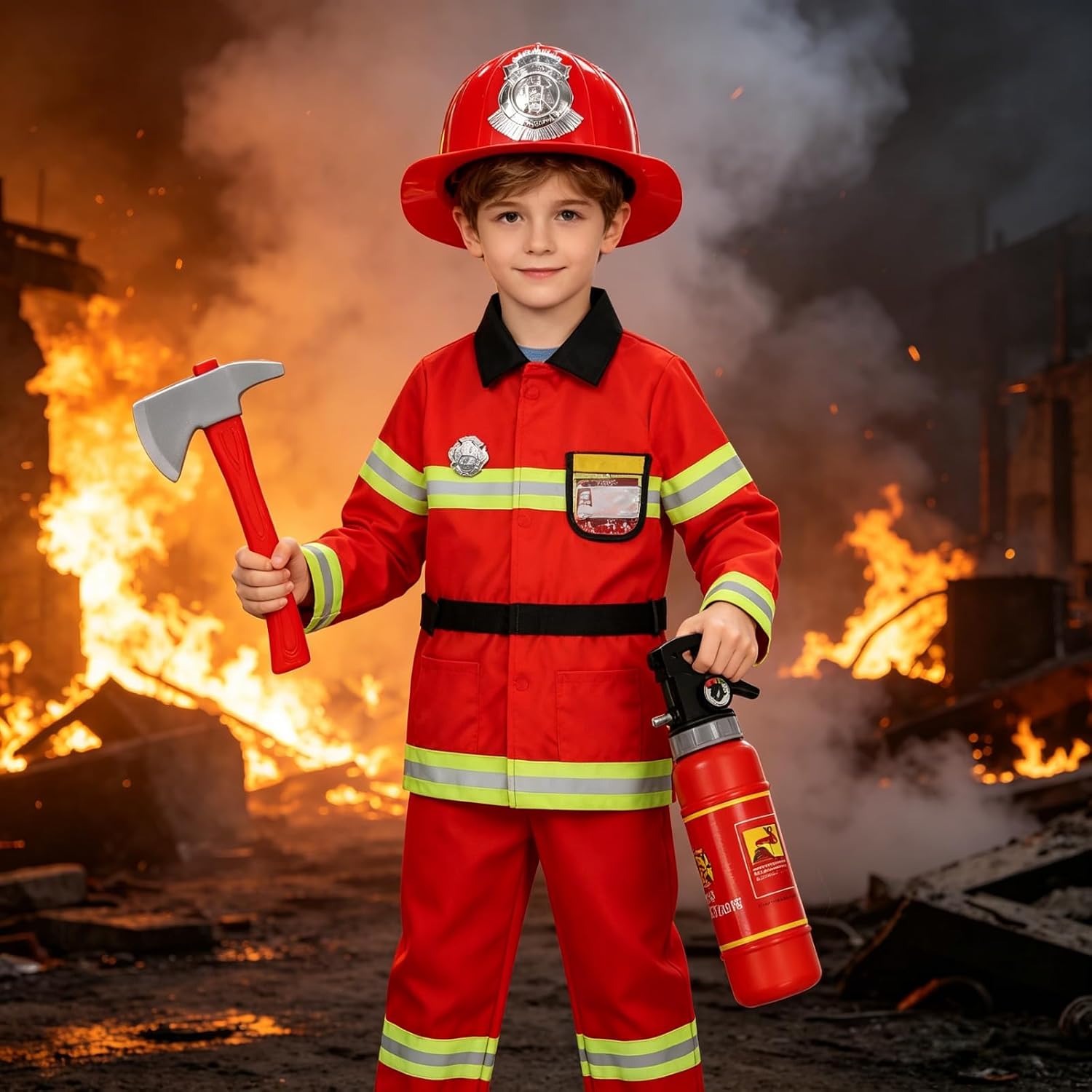 Colorful House Kids Fireman Costume Unisex Firefighter Dress up Fire Fighter with Toy Accessories Halloween Role Play image 5