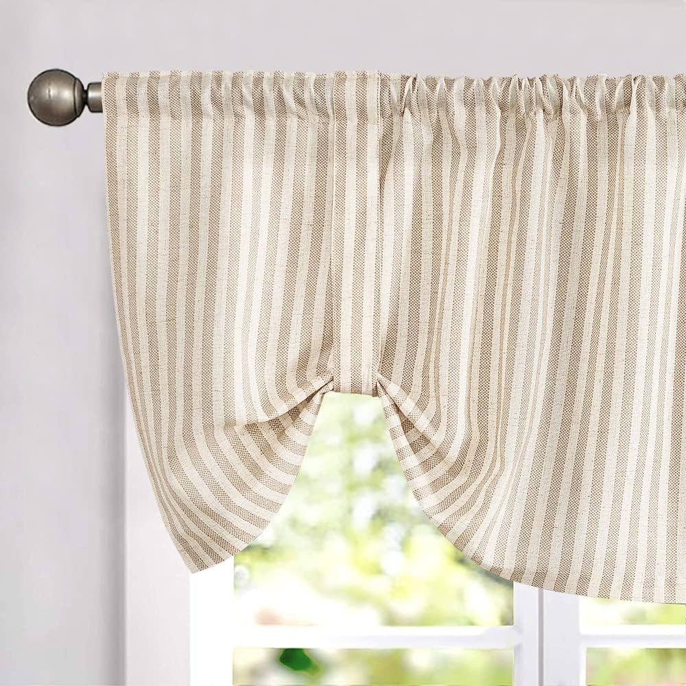 jinchan Tie Up Valance Linen Textured Striped Bow Tie Curtain for Kitchen Bathroom Rod Pocket Pinstripe Valance Window Treatments Ticking Stripe Pull Cord Valance 1 Panel 18 Inch Tan on Beige 50"W x 18"L (Pack of 1) Pinstripe | Tan on Beige