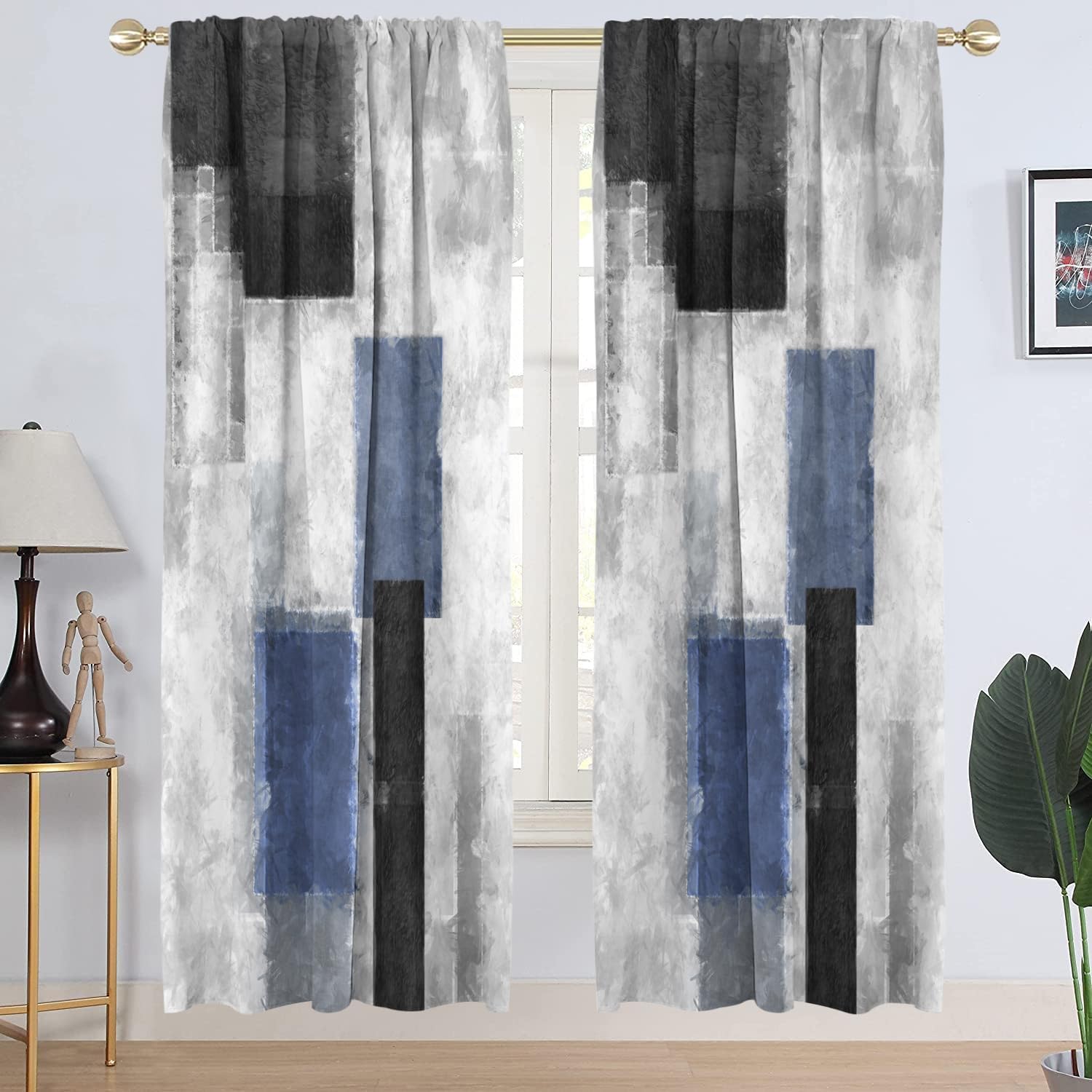 AAtter Blue Black Grey Window Curtain Navy White Gray Abstract Geometric Art Aesthetic Minimalist Boys Mens Long Wide Living Room Bedroom Drapes Treatment Fabric 1 Pair, 52" W x 84" L, Modern