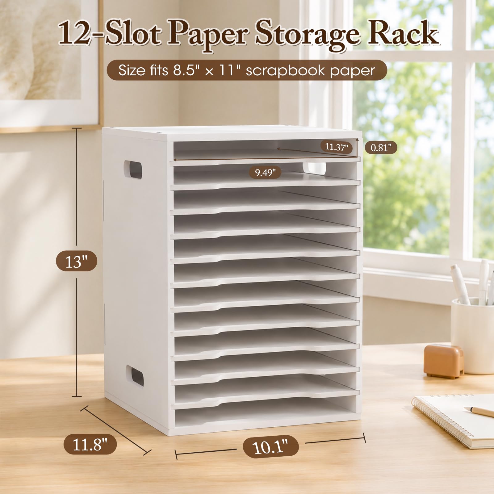 SANFURNEY Scrapbook-Papier-Organizer mit 12 Ebenen, 21,6 x 27,9 cm, Schreibtisch-Organizer mit verstellbaren Regalen, stapelbare Scrapbook-Papieraufbewahrung für Sammelalben, Karton für Zuhause, Büro