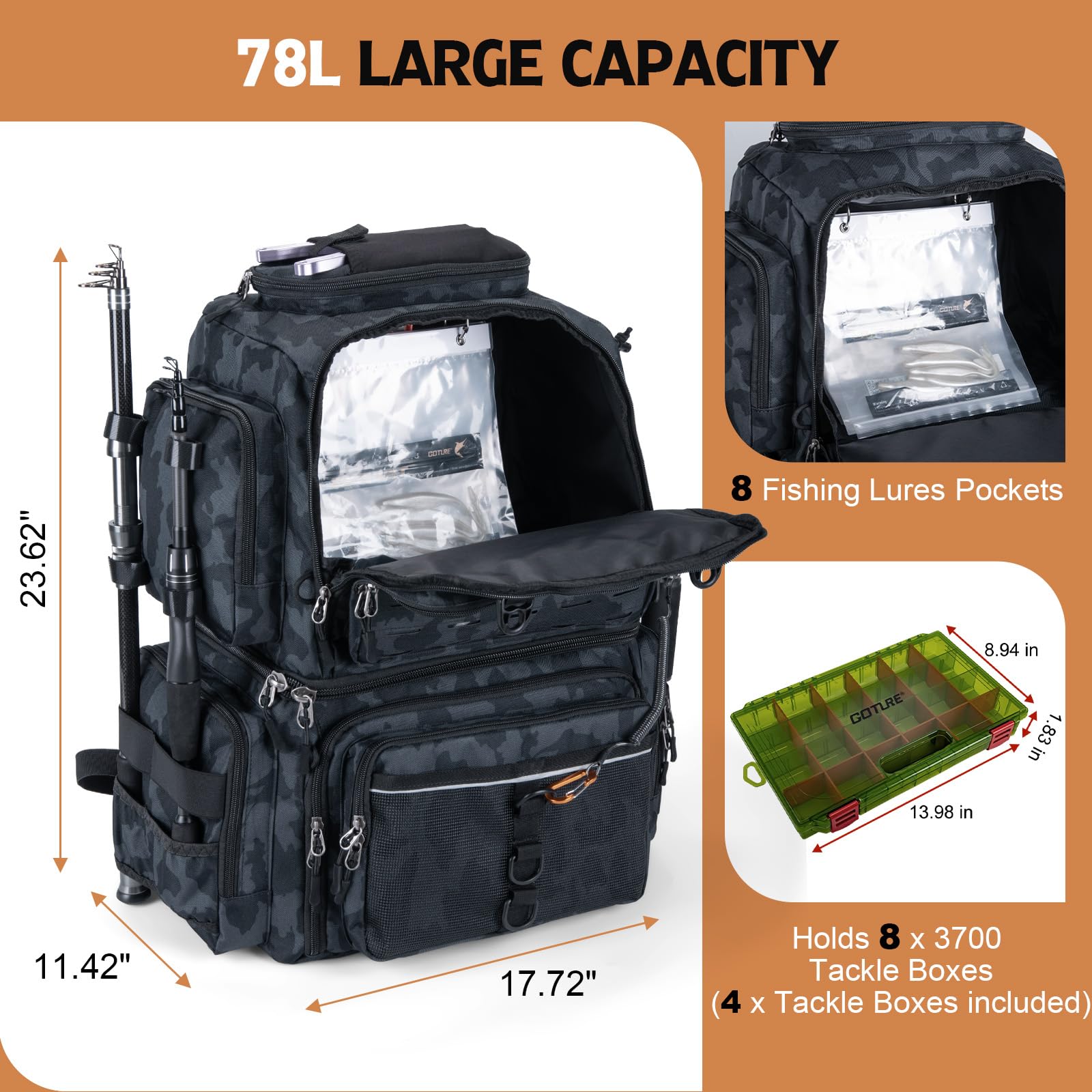 Goture Angelrucksack mit 4 Angelboxen, 78L 600D wasserabweisender Angelrucksack mit Kühler, Rutenhalter, 8 Ködertaschen, Regenschutz, große Angeltasche, Aufbewahrung, Ausrüstungstasche für Camping