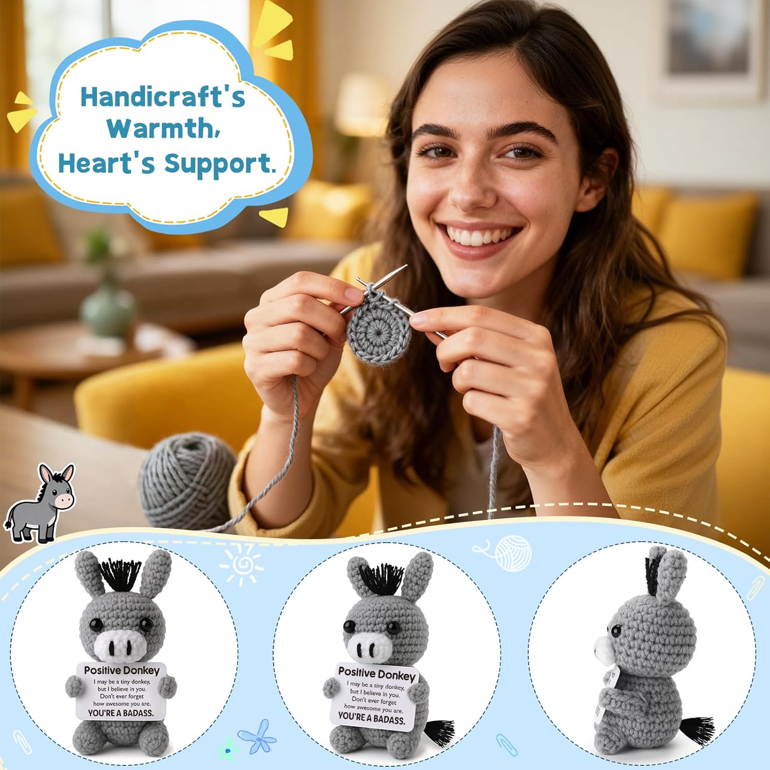 Birthday Gifts for Women Badass, Positive Daily Affirmation Crochet Donkey - Holiday Easter Basket Stuffer - Cute Valentines Emotional Worry Support for Best Friends, Coworkers - Image 3