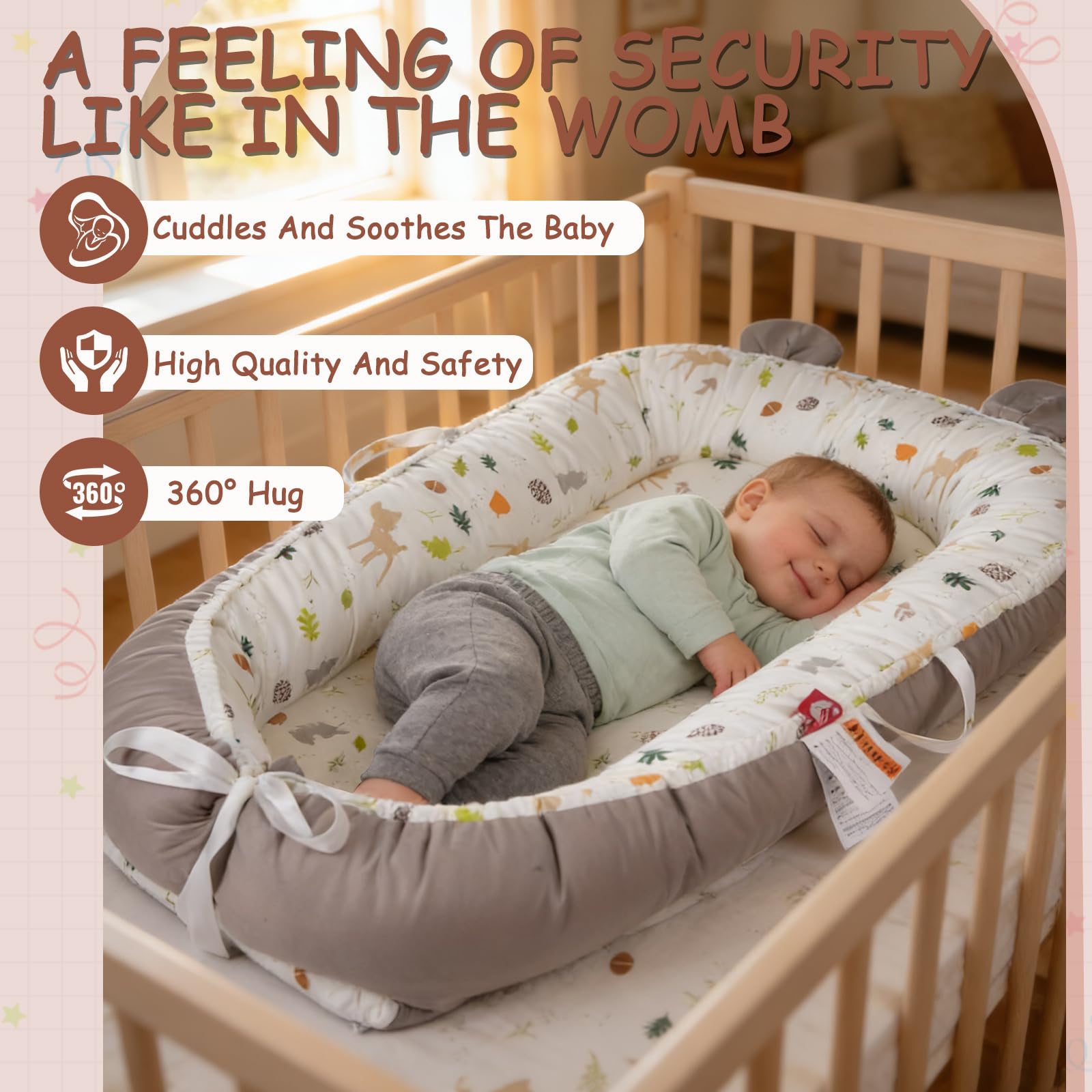 Huracan Baby Nestchen für Neugeborene, Babynest Weiches Kuschelnest aus 100% Baumwolle, Doppelseitig Baby Nest Inkl. Decke & 5 Waschlappen, Maschinenwaschbar, Tragbar Baby Bett für zuhause & unterwegs