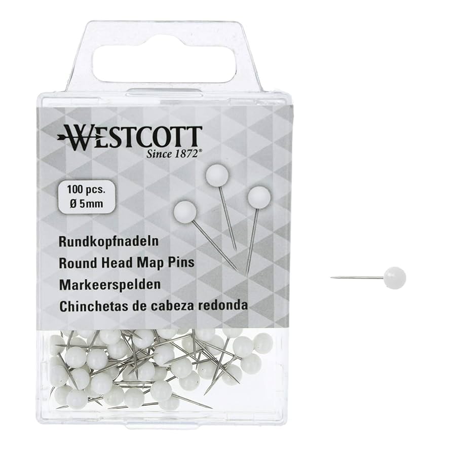 Lot De 100 Épingles à Tête Ronde WESTCOTT - Blanc, 5mm Diamètre, 16mm Longueur