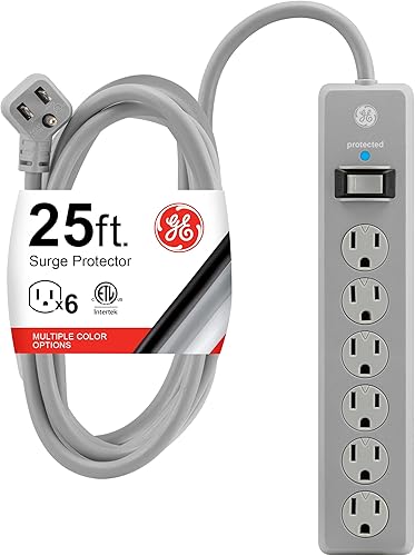 GE - Protector de sobretensiĂłn de 6tomas, extensiĂłn de 25pies, regleta multicontactos, 800julios, enchufe plano, tapas de seguridad de cierre por GE - Protector de sobretensiĂłn de 6tomas, extensiĂłn de 25pies, regleta multicontactos, 800julios, enchufe plano, tapas de seguridad de cierre por