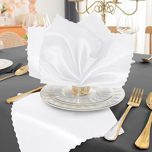 Miniatura 3 de RUDONG M Paquete de 72 servilletas de satén blanco, 17 x 17 pulgadas, servilletas de tela suave con bordes festoneados, servilletas de mesa